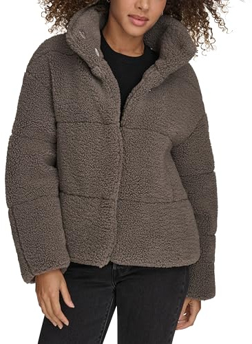 Levi's Women's Long Length Patchwork Quilted Teddy Coat, Grey Shortie, Small