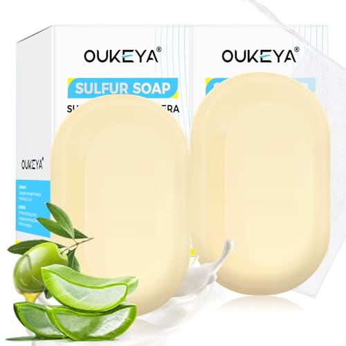 OUKEYA 10% Jabon De Azufre, Jabon Leche De Cabra, Ácido Salicílico, Aceite de Árbol de Té, Aloe Vera, Antibacteriano, Calmante, Limpieza Profunda, Reparación de la Barrera Cutánea, 2 x 115g