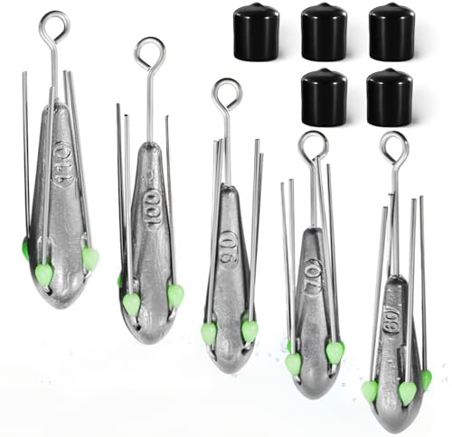 5 Ensembles 58g/70g/78g/90g/110g Plomb Peche Plomb Peche Mer et Capuchons en Silicone Noir Conception Rationalisée avec 4 Pieds Acier Inoxydable Accessoires de Pêche pour Pêche en Mer/Rivière/Lacs
