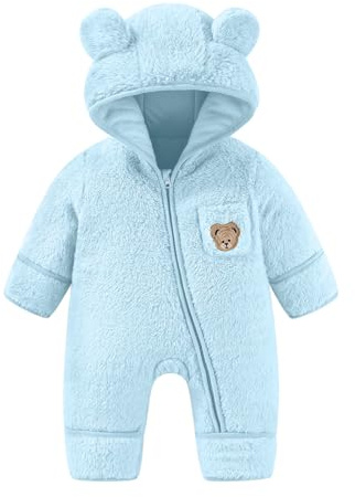 JiAmy Newborn Baby Snowsuit Fleece Winter Snow Suits, Bear Hooded Footed Romper Cartoon Baby Girls Boys Clothes Outfits Blue 0-3 Months