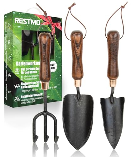 RESTMO 3-teiliges Gartengeräte-Set, Gartenwerkzeuge aus Kohlenstoffstahl mit Holzgriff, inklusive Gartenschaufel, Pflanzkelle und Gartenkralle, Geschenk für Gartenliebhaber