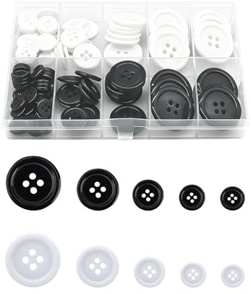 Sekfpnk Pack of 100 Stück Rund Basis Knopfe, Harz Knöpfe, Runden 4-Loch-Knöpfen aus Harz, Mit Aufbewahrungsbox, Geeignet zum Nähen, Ausbessern und Reparieren Von Kleidung (Schwarz/Weiß)