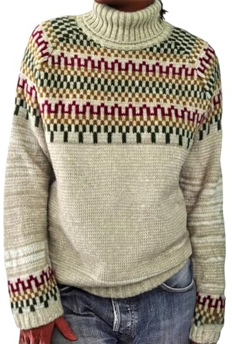 YCBMINGCAN Pull norvégien pour femme en grosse maille avec motif jacquard, manches longues, pull d'hiver avec col montant comme haut pour femme, pull en tricot décontracté dans une coupe ample pour