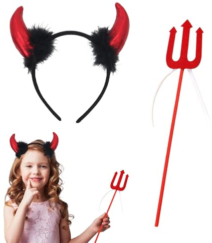 GWAWG 2PCS Sequin Devil Horns Headband and Pitchfork, Demon Cosplay Hair Hoop Accessories Set, for Fun Fancy Dress Parties, Masquerade Carnival Halloween