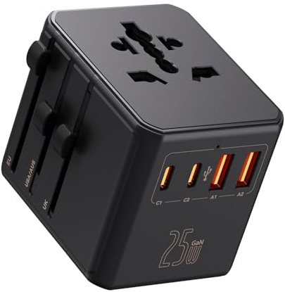 Auxmir Adaptador Enchufe Universal PD 25W con 2 USB-C y 2 USB-A, Negro