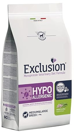 EXCLUSION Adult Medium&Large Breeds Hypoallergenic Cane gusto Insetti e Piselli, alimento completo per cani adulti di taglia medio-grande con intolleranze, ipoallergenico, 1 confezione da 12kg.