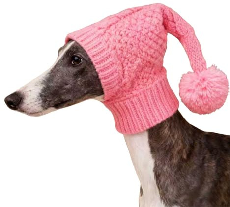 Stickad mössa för hund, italiensk vinthund vinter varm mysig mössa med pom-poms, whippet hals huvudskydd huva för Samll medium stora hundar_M (rosa)