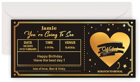 EDSG Personalised Scratch Card Reveal Theatre Ticket, Surprise Scratch Cards Show Reveal Ticket with Envelope, Scratch-off Card Musical Theatre Gifts for Husband Wife Boyfriend (Design 5)