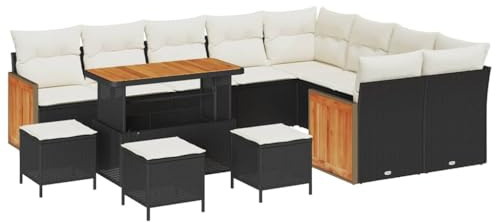 QJBSAVVA Ensemble de Canapé de Jardin 14 Pcs, Salon de Jardin Modulaire en Résine Tressée Polyrotin et Cadre en Acier, Sièges d'angle, Banquettes et Table Basse, Noir et Crème