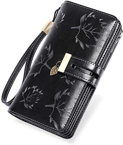LUROON Damen-Geldbörse, lang, großes Fassungsvermögen, RFID-Blockierung, Echtleder, Geldbörse, Damen, elegant, mit 24 Kartenfächern, Schwarz, 19 x 10x 3 cm, Classic
