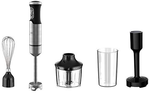 EVVO Batidora de mano, 5 Accesorios: Cabezal, varilla para batir, recipiente para triturar de 0,5 L y adaptador para picar patatas, Pontencia 1000W, 15000RPM Máxima Velocidad (Modelo Tasty Mix)