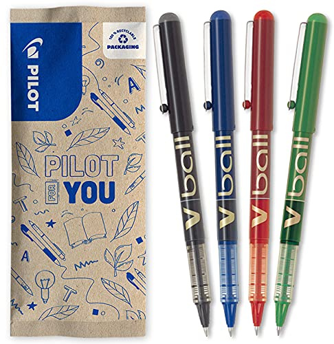 PILOT - Lot de 4 V-Ball 07 - Stylos Roller à Encre Liquide - Pointe Conique Moyenne - Écriture Fluide et Précise - Séchage Rapide - Noir, Bleu, Rouge, Vert - Pointe Moyenne