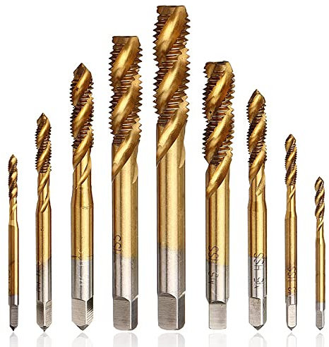 Mesee 9 Pieces Spiral Flute Tap Set, Titanium Coated HSS Metric Thread Machine Taps Drill Bits Screw Thread Tapping Tool - M2 M2.5 M3 M4 M5 M6 M8 M10 M12