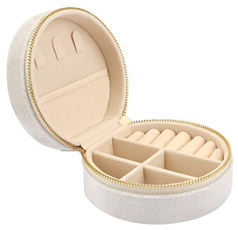 Casiwaft Mini coffret à bijoux de voyage en velours, Boîte à bijoux de voyage pour filles et femmes, Petit organisateur de bijoux pour bagues, boucles d'oreilles, colliers, Blanc