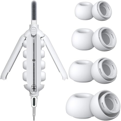 HiFan 4 paia di Gommini per Airpods Pro e Airpods Pro 2 e Kit Pulizia, 5 in 1 Penna di Pulisci con Panno Lucidante, Gommini in silicone con fori di riduzione del rumore (XS/S/M/L)