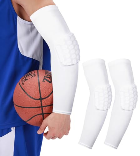 SUJAYU Padded Arm Sleeve Volleyball Arm Sleeves, 2 Pack Honeycomb Elbow Pads Elbow Braces, Football Baseball Basketball Sleeves (White, M)