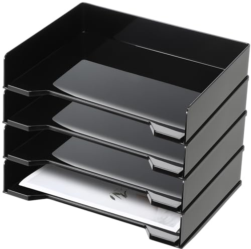 DoubleFill 4 Pcs Stackable Letter Tray Rectangular Plastic Desk Organizer 13 x 9.5 x 2.6 in Paper Holder File Tray Accessories Rack for Desktop Office Desk Drawers (Black)