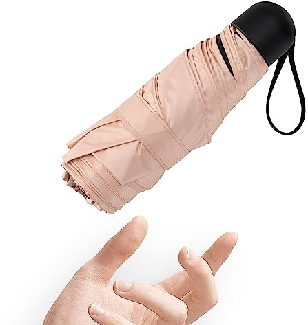 Chakipee Mini Regenschirm Klein Taschenschirm Mit 6 Rippen kompakt Faltbar Leicht Im Freien UV Schutz Regenschirme Schirm für Sonne und Regen Rosa