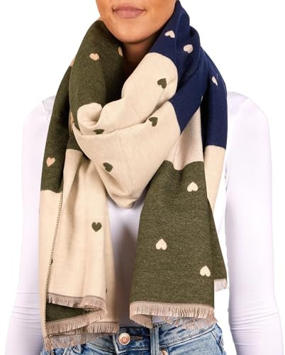 BRUBAKER Cashmirillo Damen Schal mit Herz Muster - 70 x 200 cm - Warm, Kuschelig und Oversized - Winterschal für Herbst und Winter - Weiches Kaschmir-Gefühl - Blau, Oliv und Beige