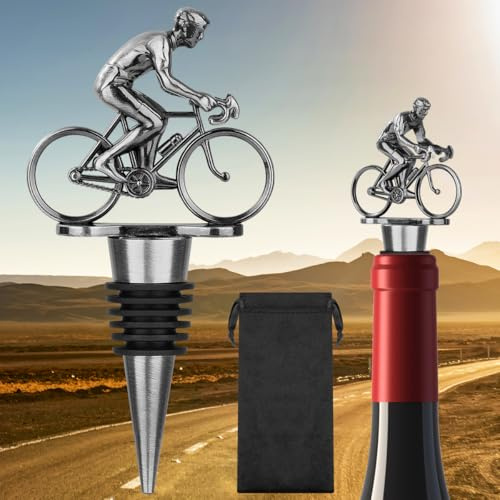 LULLEA Tapón para botella de vino de ciclismo, regalos de ciclista, regalos de vino para el día del padre, Navidad, cumpleaños, tapón plateado para botella de vino y champán con bolsa