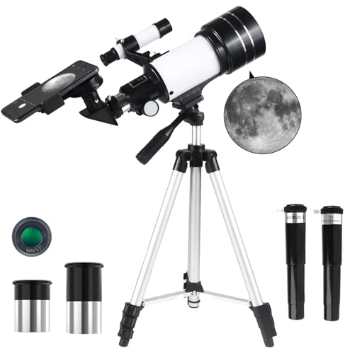 Misilmp Teleskop für Kinder & Anfänger, 70mm Aperture 300mm Refraktor Teleskope Einsteiger, mit Ausziehbarem Stativ, Okulare, Sucherfernrohr, Mondfilter Astronomie Erwachsene Telescope (Weiß)