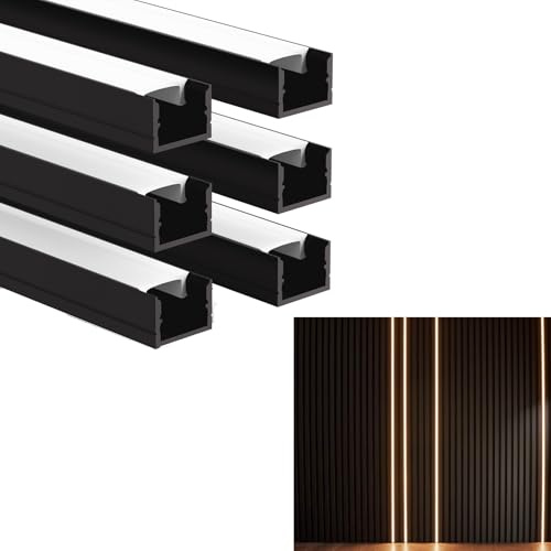 Besseto LED Aluminum Channel for Wall Panel,Wood Slat Wall Panel LED Strip Light Aluminum Channel Profile for Living Room Bedroom Bathroom Stairs (Black-6Pack 3.3Ft)