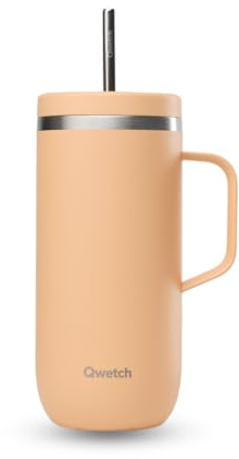 QWETCH - Cold Cup 600 ml mit Griff und Strohhalm – 24 Stunden kalt & 12 Stunden kalt – Aprikose – Thermosflasche aus Edelstahl, Thermobecher Kaffee