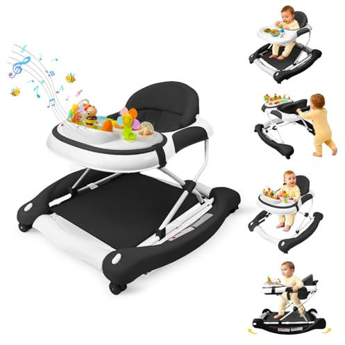 5 in 1 Baby Walker, Music and Lights Walker for Baby Boy Girls 6-12 Months, Foldable Baby Walkers with Wheels and Bouncer Combo Portable, Toddler Infant Walker with Adjustable Height