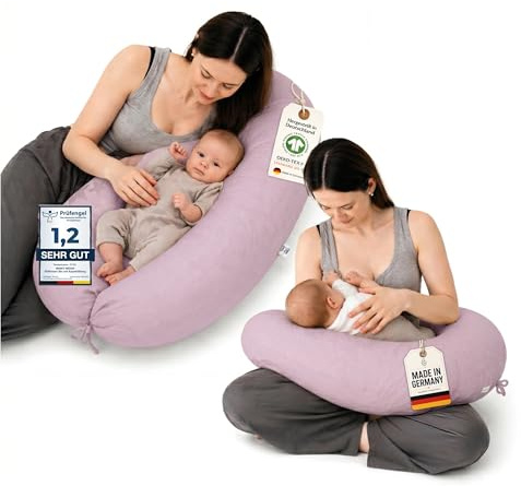 Minky Mooh® - Coussin d'allaitement XXL en coton bio (Öko-Tex 100) avec rembourrage en kapok (190 x 30 cm) - Lilas - Grand coussin pour bébé, pour dormir, allaiter et biberon, coussin de grossesse et