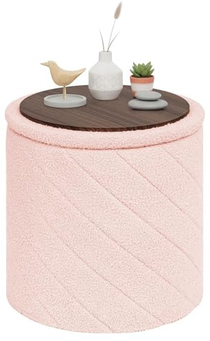 PINPLUS Round Ottoman Storage Box, Folding Stool, Pink, 43x43x45 cm | Large Vanity Stool, Padded & Soft Boucle, Converts to Coffee Table/Footstool, for Living Room, Bedroom, Dressing Room