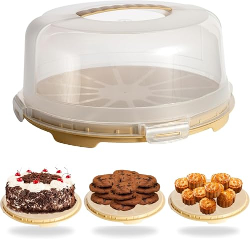 Buzztrove - Large Size | Cake Carrier with Handle | 15cm Tall Cake Storage Container with Airtight lid | Cake Storage Box with 4X Locking Lid for Cakes, Cupcakes, Pies & Pastries. (Cream)
