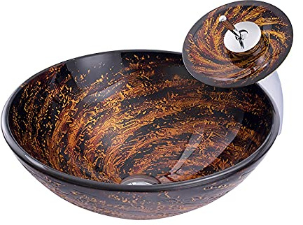 Lavandino da appoggio per Bagno con Rubinetto e Scarico, Ciotola combinata, Piano d'appoggio in Vetro temperato, lavabo Rotondo da appoggio, Spessore 12 cm