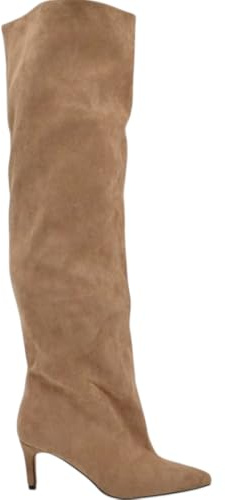Stivali Slouchy Alto Arricciato camoscio Beige a Punta con Tacco Basso Kitten 5 cm Gambale Over (38 EU)