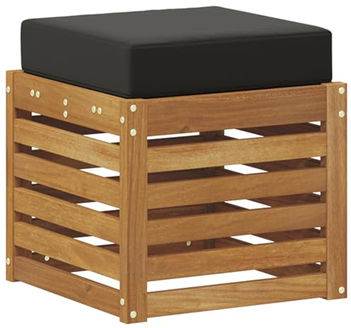 Roanoer Taburete para exteriores de acacia natural, 43 x 43 x 37 cm, banco modular con marco de madera maciza resistente a la intemperie, cojín negro de 8 cm, ahorra espacio para pequeños balcones