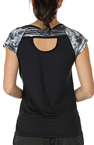 icyzone Damen Sport T-Shirt Kurzarm Laufshirt Rückenfrei Fitness Oberteile Gym Yoga Top (L, Storm/Black)