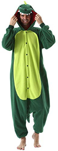 ULEEMARK Jumpsuit Onesie Tier Karton Kigurumi Fasching Halloween Kostüm Lounge Sleepsuit Cosplay Overall Pyjama Schlafanzug Erwachsene Unisex Damen Herren Grün Dinosaurier for XL