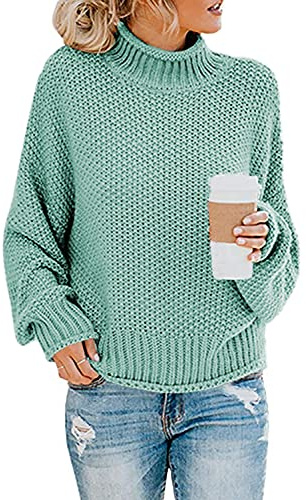 Imuedaen Women's Turtleneck Jumpers Casual Batwing Sweaters Long Sleeve Pullover Loose Chunky Knitted Jumper Tops (A Light Blue, S)