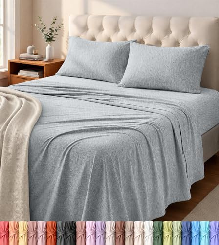 Utopia Bedding Full Sheet Set - Jersey Knit Sheets 4 Piece – Cotton – Soft T-Shirt Stretchy Sheets (Heather Light Grey)