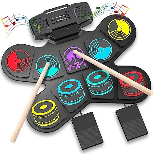 Batterie Électronique, Kit de Batterie Électrique Uverbon pour Enfants Kit de Batterie Coloré avec Chargement USB Bluetooth MIDI haut-Parleurs Intégrés pour Enfants, Cadeau de Noël et d'anniversaire