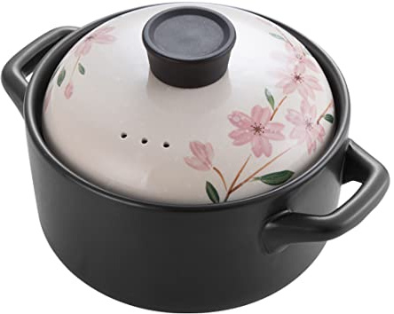 Casserole Ceramic Nonstick Stockpot, Cherry Blossoms Ceramic Black Dish Round Stewpot, Stovetop Ceramic Stew Pot, Hot Pot Clay Pots, Soup Pot, Stew Pan (3.8L)