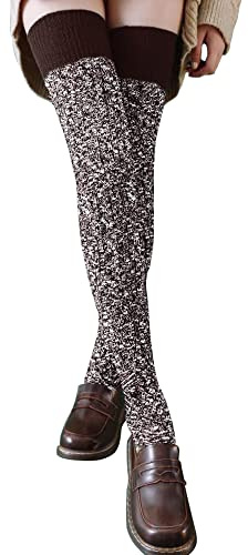 FGFD&OU Calze da Donna Sopra il Ginocchio Calzini Cotone Invernali Termici Extra Lunghi Calzettoni a Maglia Calze di Coscia Retro per Ragazze e Donne，Calze Natalizie (Marrone)