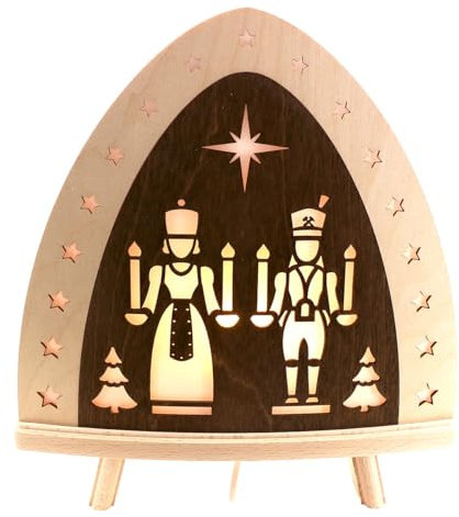 weigla - Dekoleuchte original Erzgebirge I Motiv Engel & Bergmann I 1 LED Lampe I 0,8 W, E14 I Weihnachtsdeko innen I Weihnachtsbeleuchtung aus Holz I Fensterdeko