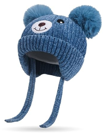 Rayson Bonnet Bébé Fille Garçon,Bonnet Hiver Bebe,Chapeaux tricotés Chauds Enfant Hiver avec Cache-Oreilles,Cagoule Doublée en Polaire,Bleu