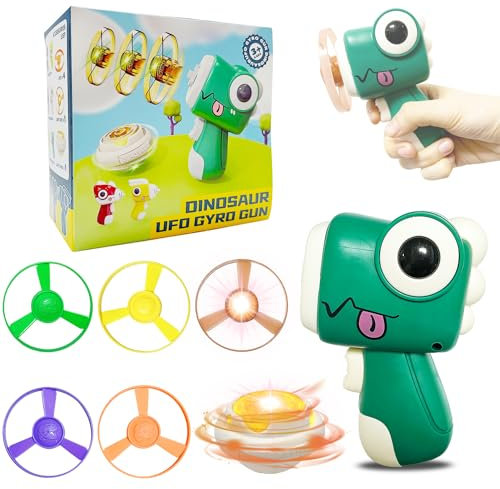 Steemjoey Jouets Enfants, Jouet de Lanceur de Disque Volant, Soucoupe Volante Dinosaure Pistolet Soucoupe Volante LED Gyro LED 4 Soucoupes Volantes, Jeux d'Extérieur Cadeaux Anniversaire pour Enfants