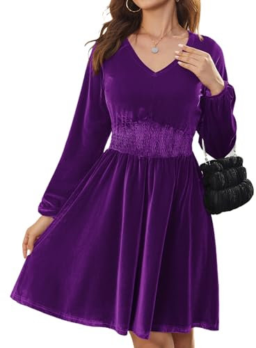 Zeagoo Robe De Soirée en Velours pour Femme - Élégante, Col en V, Longueur Genou - Cocktail Formel, Bal, Hiver - Violet L