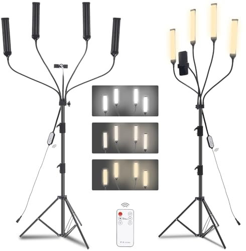 Luz LED de Cuatro Brazos para Fotografía, Lámpara Cosmética, Luz de Pestañas con Trípode y Soporte para Teléfono para Maquillaje, Pestañas, Cejas, Tatuaje, Manicura, Stream, Fotografía de Producto