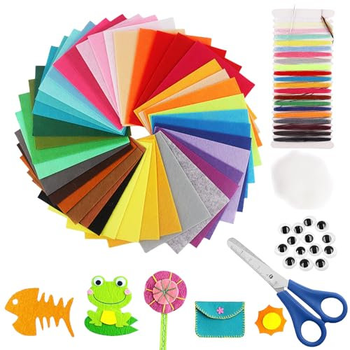 YFPOPONE 40 Farben Bastelfilz，Super Weich Filzbasteln für Kinder, Bunter Filzmatte mit Nähzubehör und Füllmaterial,Vliesstoff Stoff Filzplatten mit Puppenaugen Zum DIY 20 * 15cm