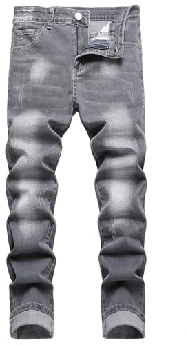 Herr Slim Fit Stretch Jeans Revade Skinny för Män, Bedrövad Rakt Ben Mode Komfort Flex Midja Jeans, Tonåring Casual Mode Designer Klassisk Normal Passform Basic Denim Byxor, C#grå, 46