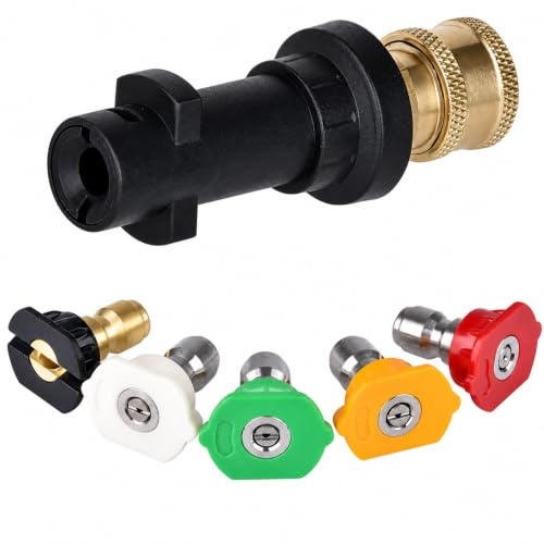 CLKE Adapter för högtryckstvätt tillbehör för Kärcher, 1/4 tum snabbanslutning kvinnlig monteringsadapter kompatibel med K2-K7, adapter för högtryckstvätt med 5 spraymunstycksspetsar för rengöring