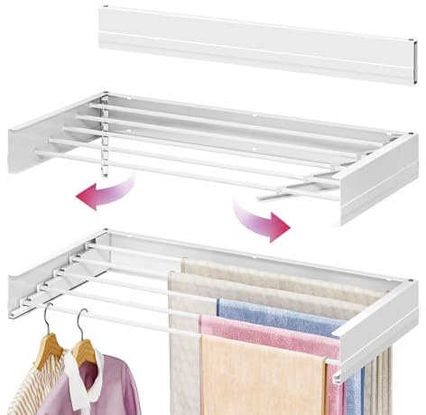 SYKIARIOL Wall Mounted Clothes Rack, 80cm Retractable Clothes Drying Rack for Indoor Outdoor Space Saving Laundry Drying Rack with 5 rods, Foldable Clothes Airer, Clothes Dryer For Towels, White